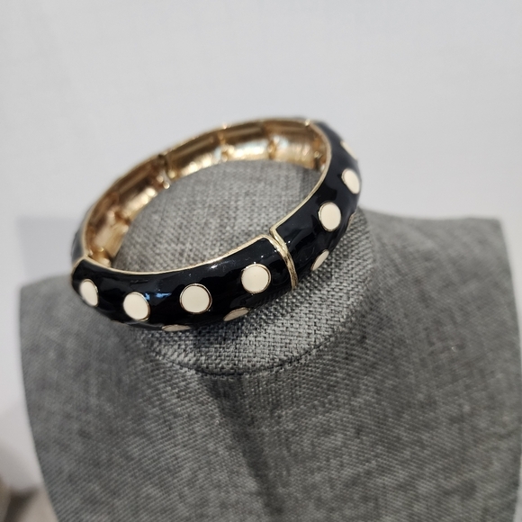 Black & White Polka Dot Enamel Stretch Bangle Bracelet – Retro Style 3" - Picture 4 of 5